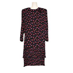 Floral Dress, Flapper Style Shift, Size 14, Rosette Pin, 80s Dress, Pleated Laye